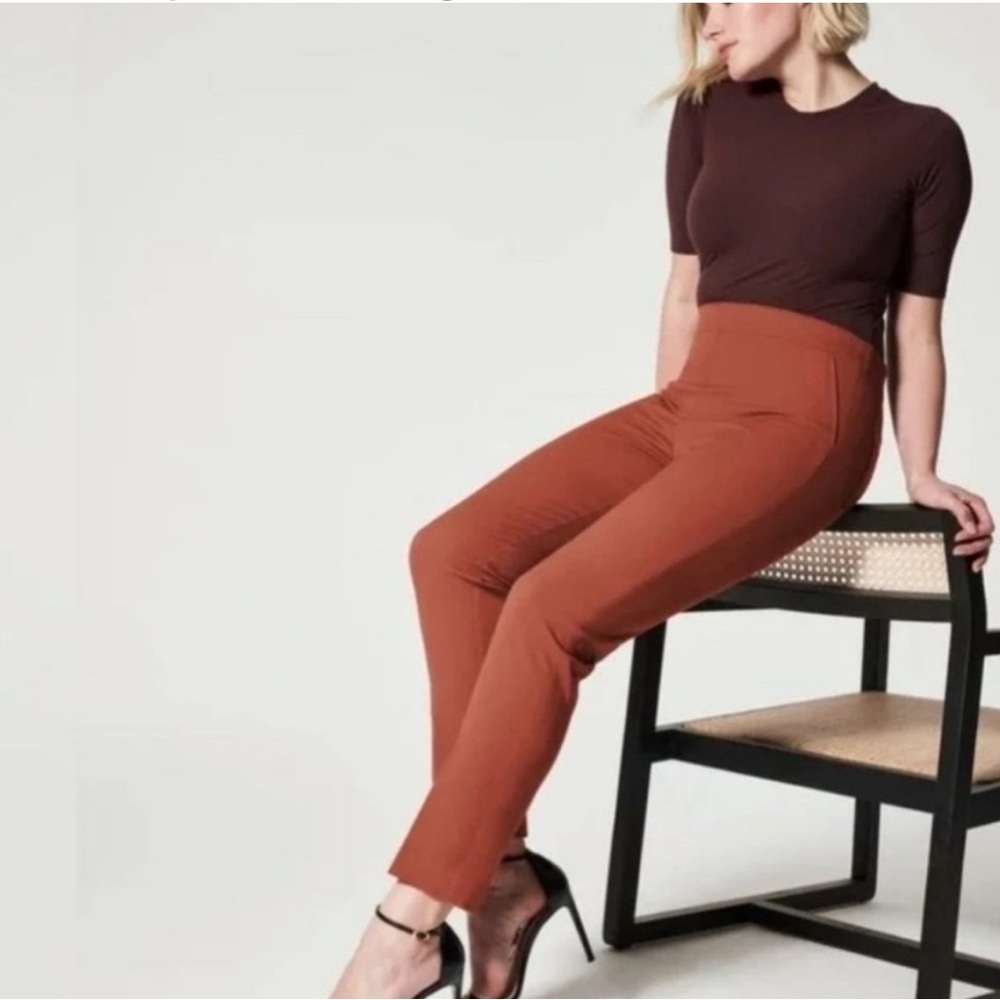 Spanx On the Go Slim Straight Ankle Pants in Bronze Glow.